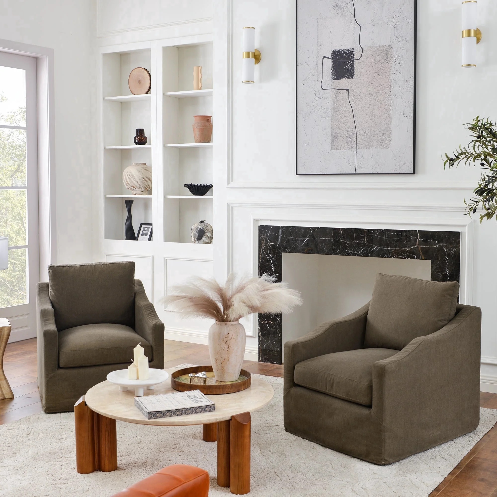Brown Slipcovered Swivel Barrel Accent Chairs, Set of 2 with Removable Cushions, Modern Upholster... | Walmart (US)