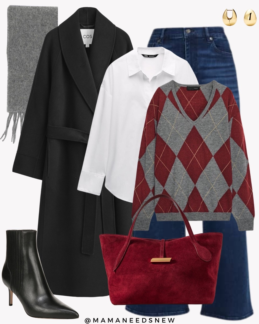 A fall outfit with a belted coat, white shirt, argyle sweater, jeans, high heel ankle boots, suede bag , scarf

#LTKSaleAlert #LTKStyleTip #LTKItBag