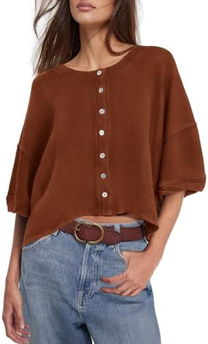 Womens Cropped Cardigan Short Sleeve Cardigan Button Up Lightweight Cardigans Oversized Button Do... | Amazon (US)