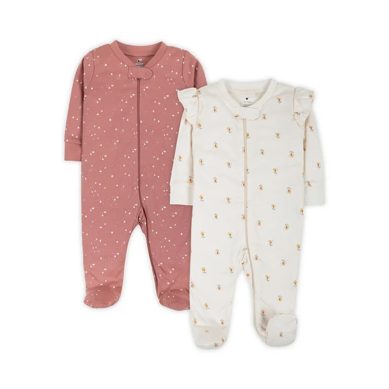 Little Star Organic Baby Girl Sleep 'N Play Footed Pajama, 2-Pack, Sizes Newborn-9 Months | Walmart (US)