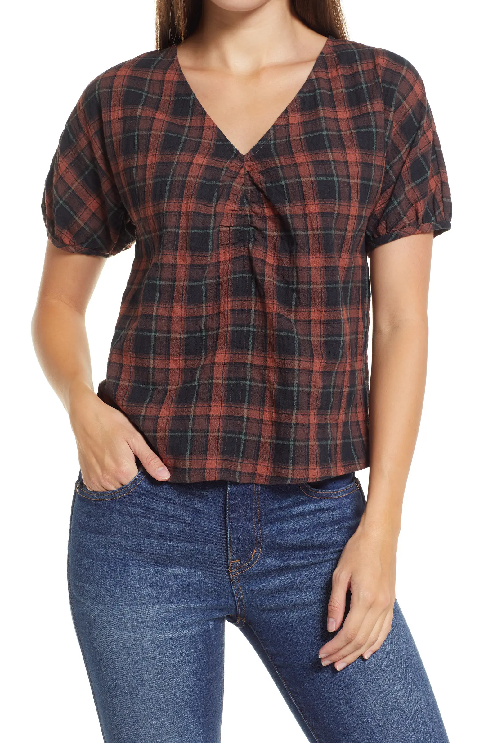 Plaid Gathered V-Neck Top | Nordstrom