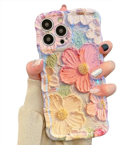 EYZUTAK Case for iPhone 13 Pro Max, Colorful Retro Oil Painting Printed Flower Laser Glossy Pattern Cute Curly Wave Edge Exquisite, Stylish Durable TPU Protective Phone Cover for Girls Women-Green | Amazon (US)