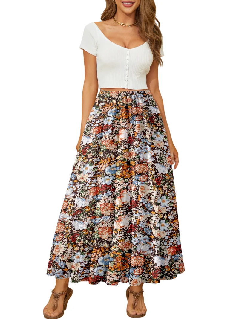 UVN Skirts for Women Summer Chiffon Pleated A-Line Long Skirt Elastic High Waist Swing Tiered Boh... | Walmart (US)