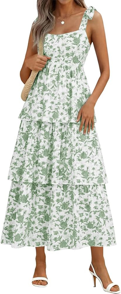 Wenrine Womens Summer Floral Maxi Dress Casual Tie Strap Sleeveless Ruffle Tiered Smocked Loose B... | Amazon (US)