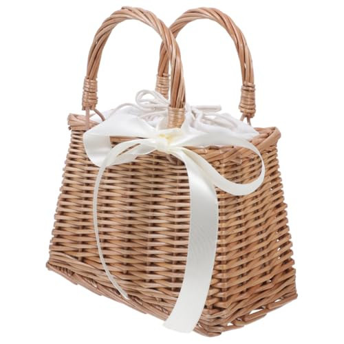UKCOCO Small Wicker Flower Basket Purse with White Ribbon, Woven Rattan Handbag for Women and Girls, Square Straw Bag for Summer Beach, Wedding, Party and Home Decor, 11x8.6 Inches | Amazon (US)