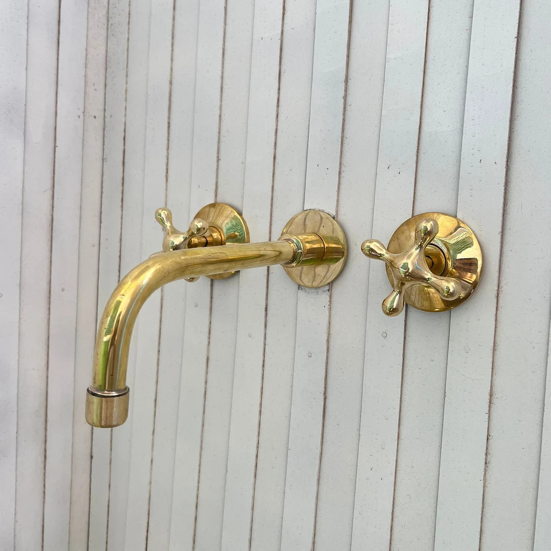 Unlacquered Brass Wall‑mount Faucet, Vintage Bathroom Sink Tap Set, Solid Brass Wall Faucet, Wa... | Etsy (US)