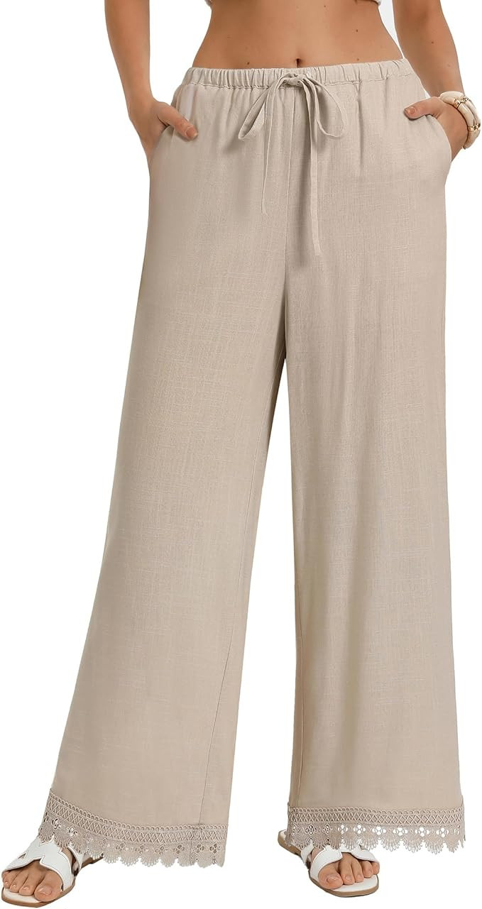GRACE KARIN Women Linen Pants Wide Leg Casual Palazzo Pants Flowy Beach Summer Trousers Pants wit... | Amazon (US)