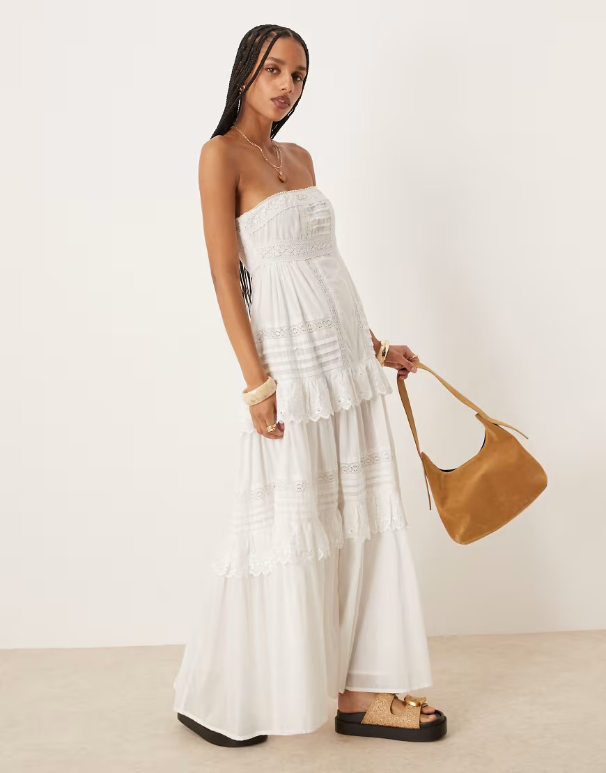 ASOS DESIGN bandeau maxi dress with pintucks and lace tiers in white | ASOS (Global)