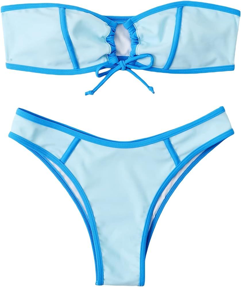 SheIn Women's 2 Piece Color Block Ruched Swimsuit Tie Front Bandeau Bikini Set High Cut Bathing S... | Amazon (US)