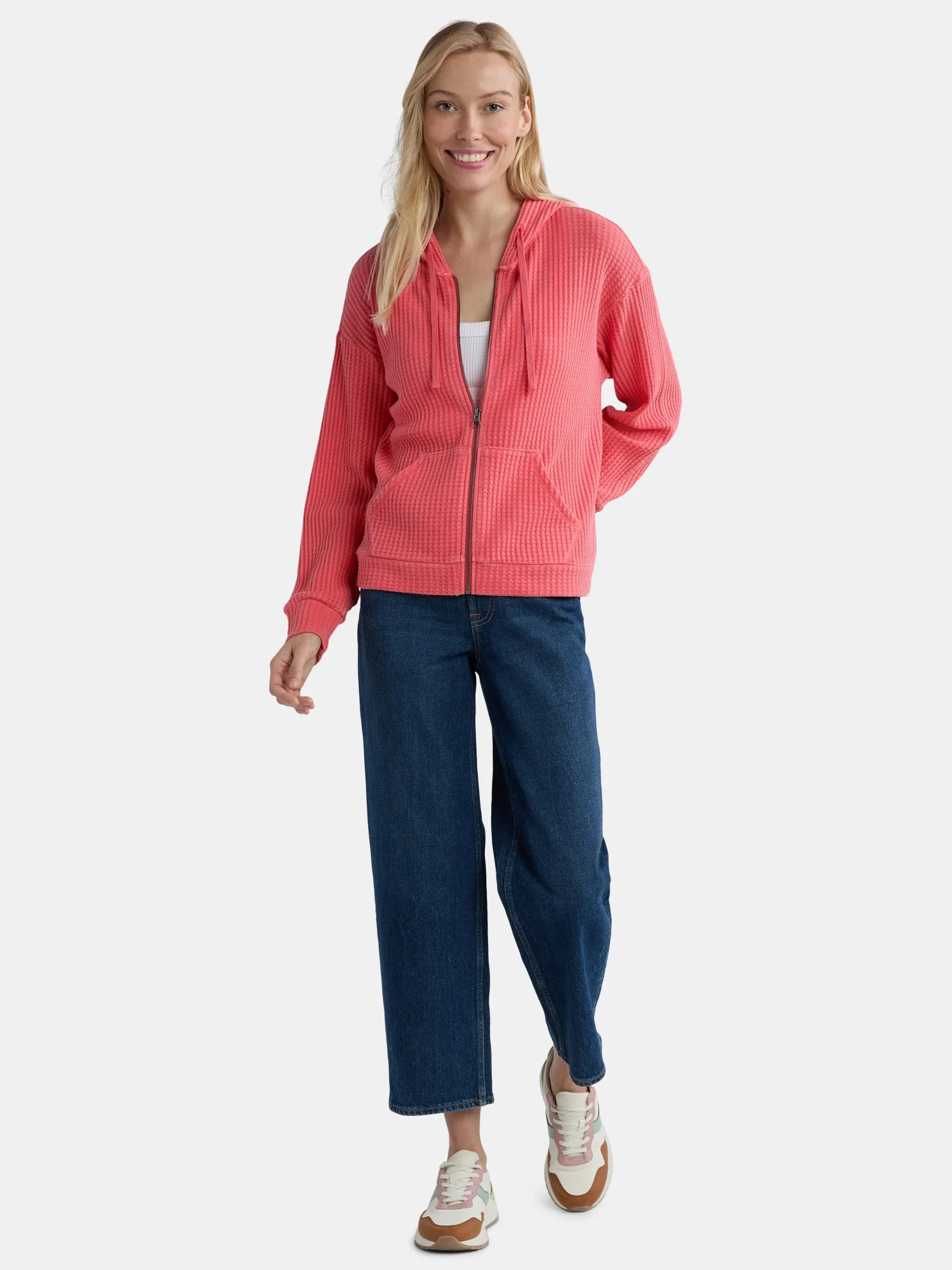 Time and Tru Women's Waffle Full Zip Hoodie with Long Sleeves, Sizes S-XXXL | Walmart (US)