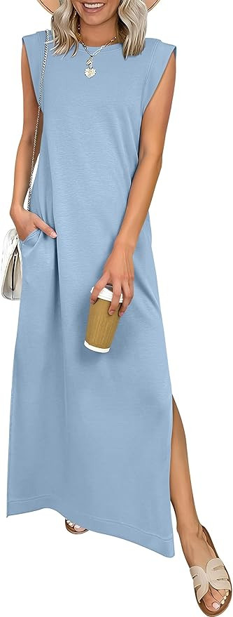 ANRABESS Women Summer Casual Sleeveless Maxi Dress 2026 Crewneck Loose Split Wrinkle-Free Beach T... | Amazon (US)