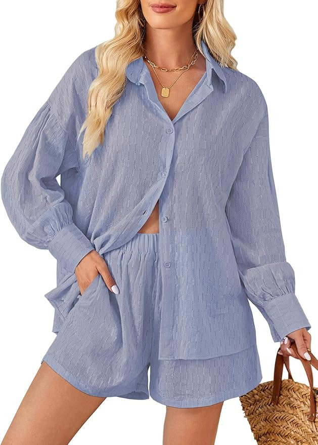 Fixmatti 2 Piece Outfits Long Sleeve Button Down Shirt and Shorts Sweatsuit Lounge Sets | Amazon (US)