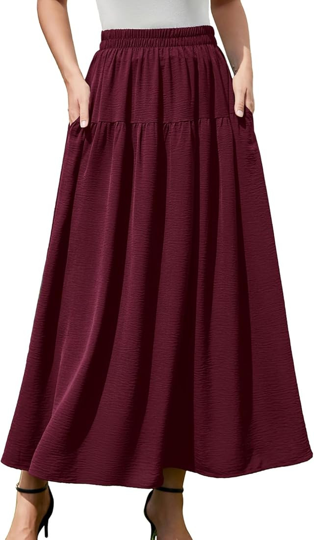 Tiered Maxi Skirt for Women 2024 Summer Elastic Waist A-line Beach Casual Flowy Swing Pleated Lon... | Amazon (US)