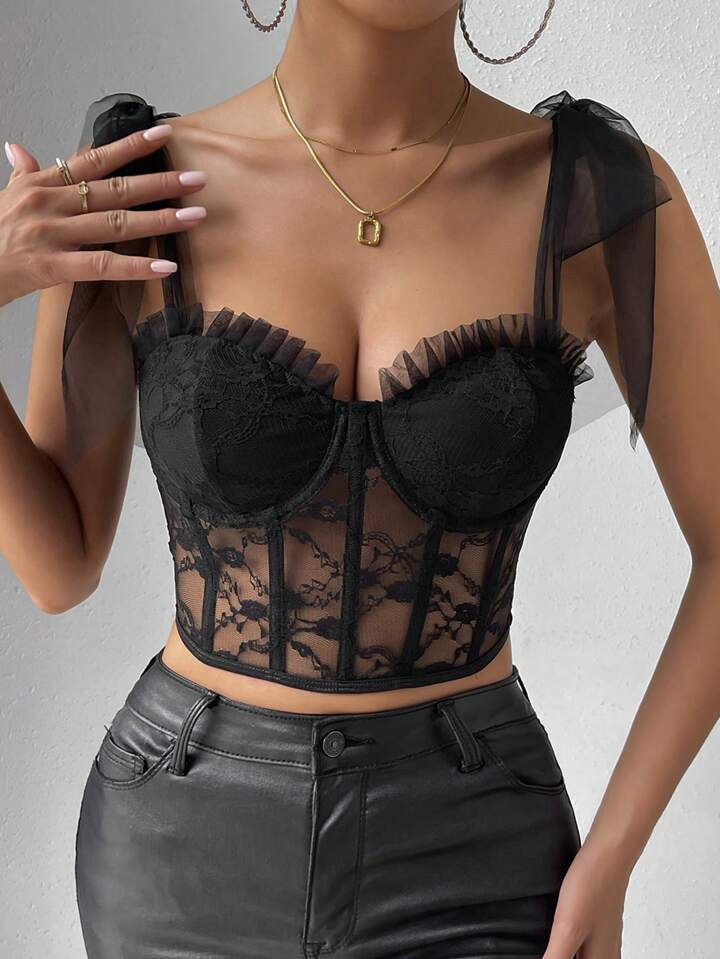 SHEIN BAE Tie Shoulder Frill Trim Bustier Lace Crop Wide Strap Top | SHEIN