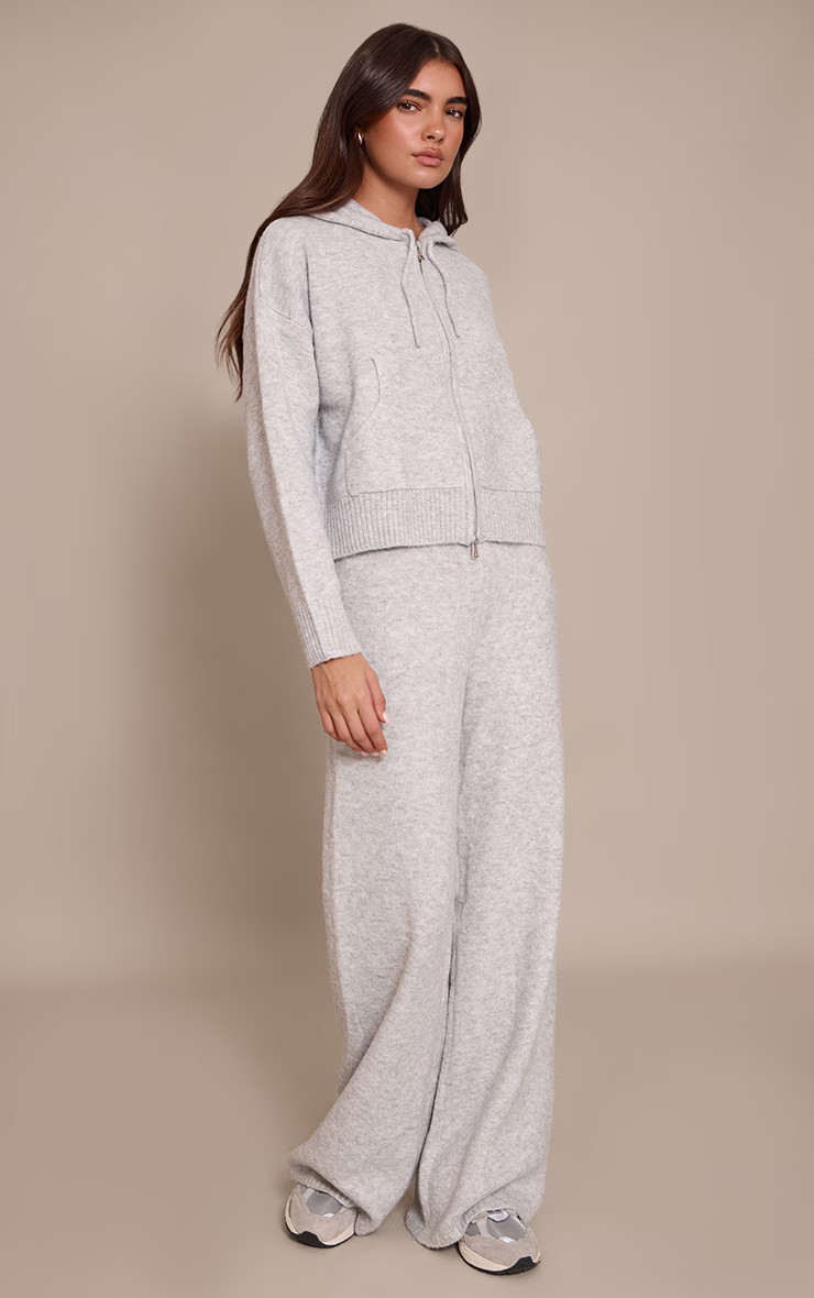 Grey Zip Through Knitted Hoodie | PrettyLittleThing UK