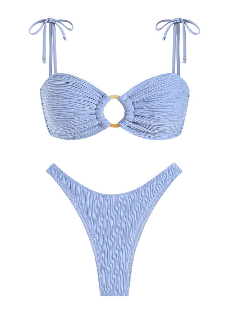 ZAFUL Women's Sexy Tie Spaghetti Strap Bikini Textured O Ring Ruched High Leg Swimsuit Cheeky Bat... | Amazon (US)