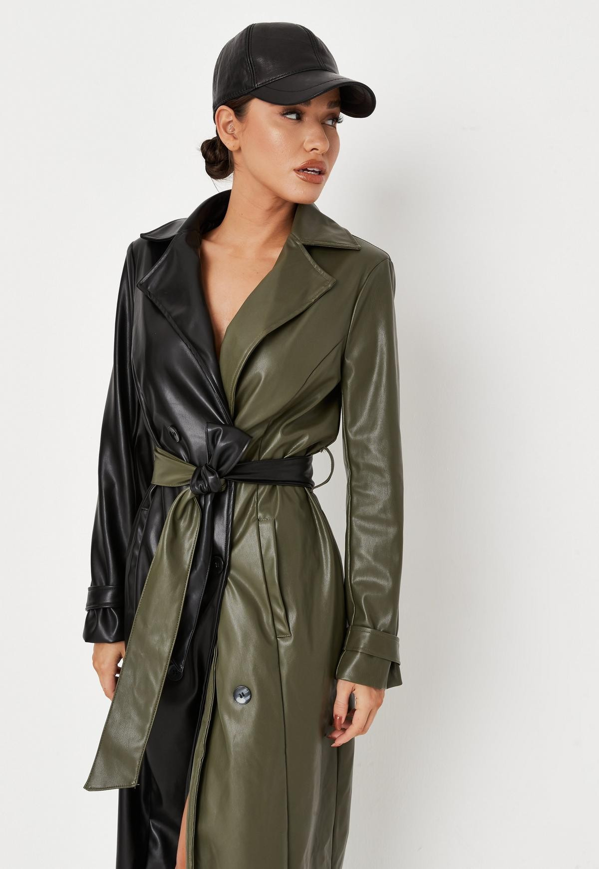Missguided - Khaki Spliced Faux Leather Belted Trench Coat | Missguided (US & CA)