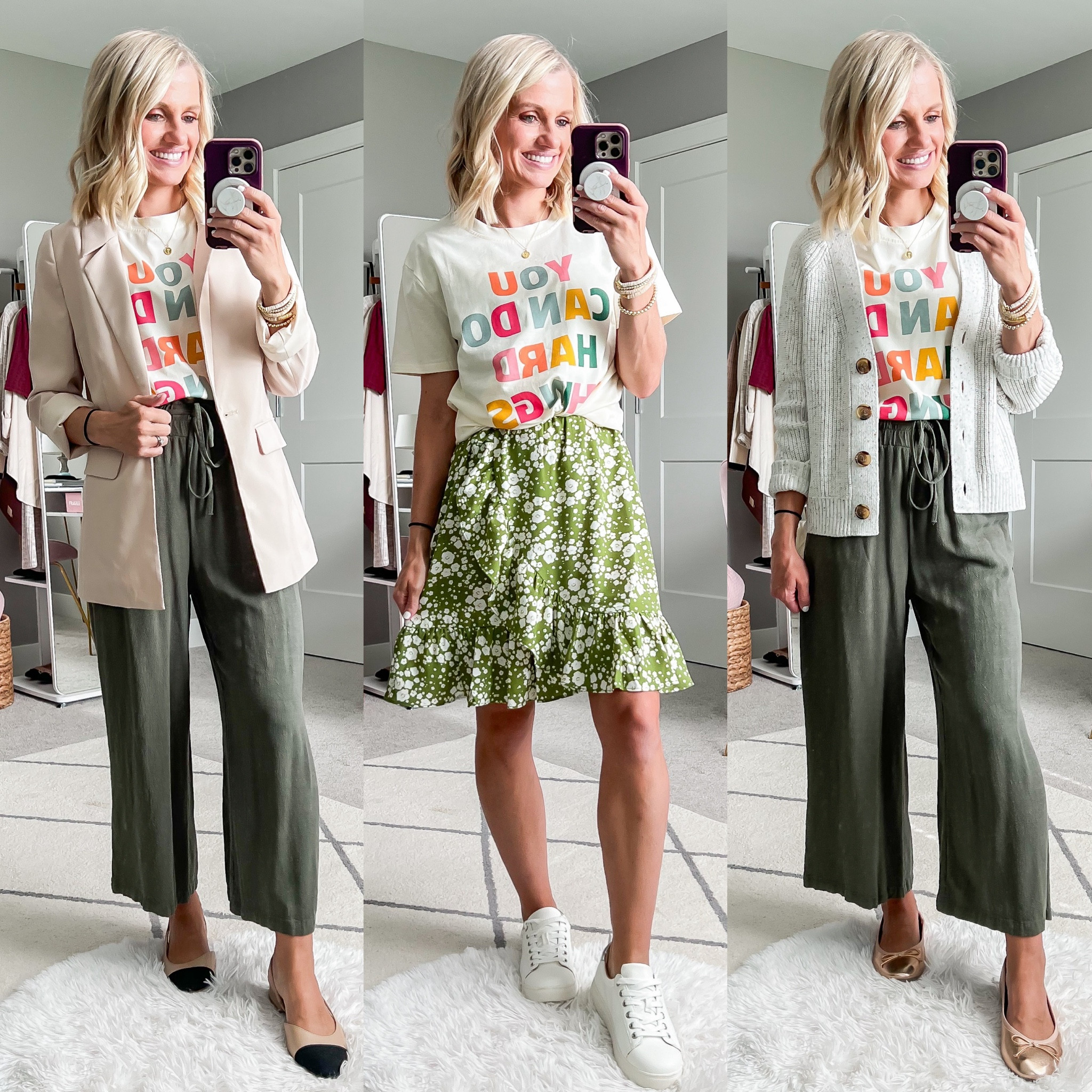 Teacher capsule wardrobe outfits 
T-shirt- small || green pants- small || blazer- xs || dress- xs || cardigan-xs 

#LTKWorkwear #LTKStyleTip #LTKFindsUnder50