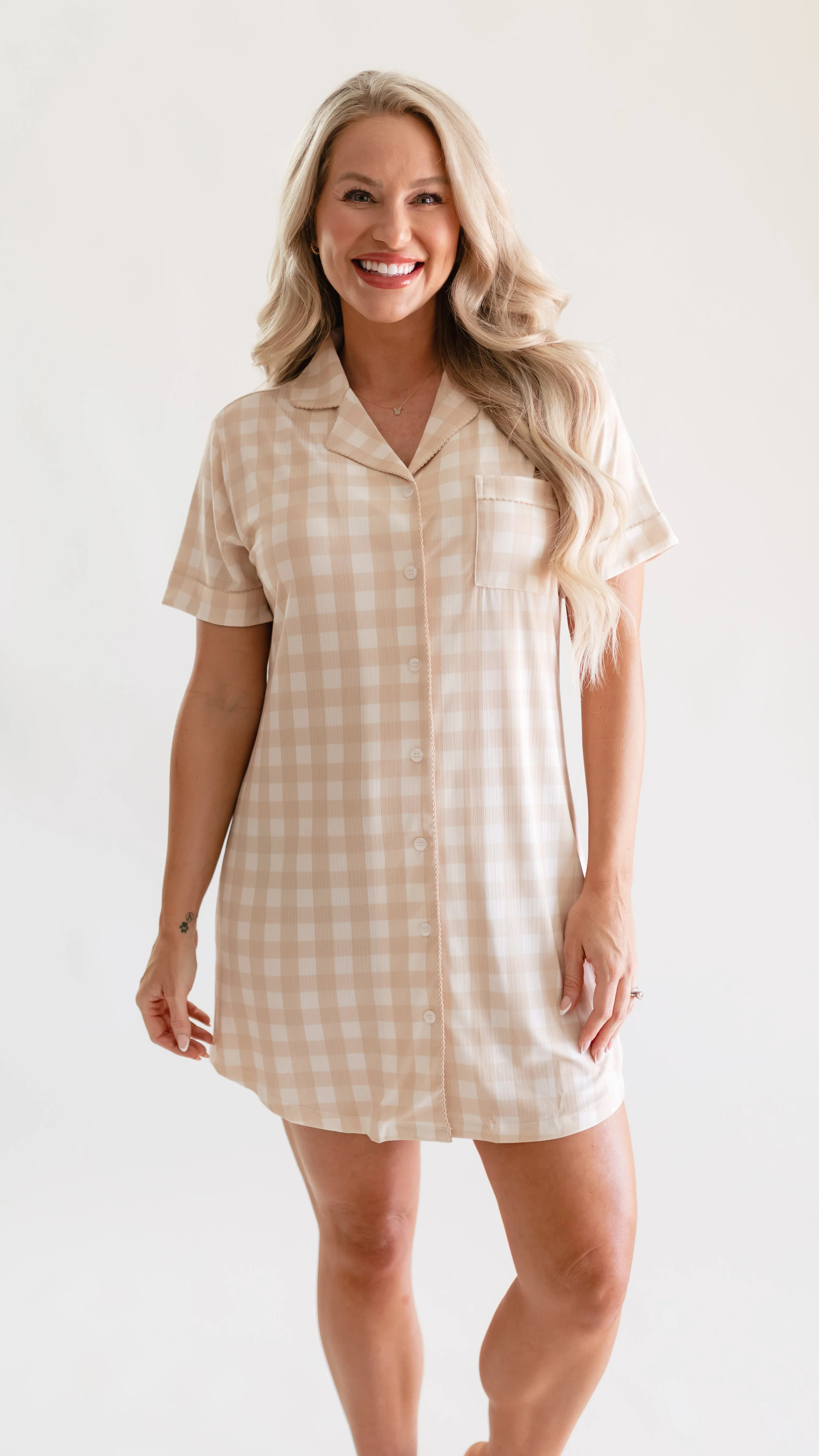 Women's Ribbed Button Down Dress In Neutral Gingham | Silks Design