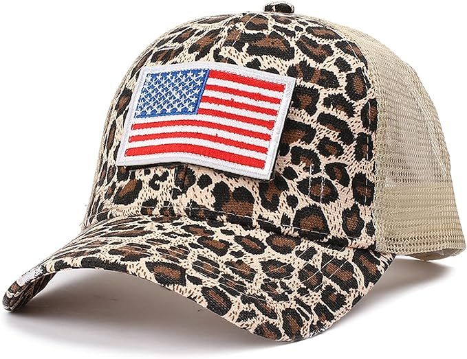 Sttech1 USA Flag Ponycap Messy High Bun Hat for Women Leopard Camouflage Vintage Mesh Dad Hat Adj... | Amazon (US)