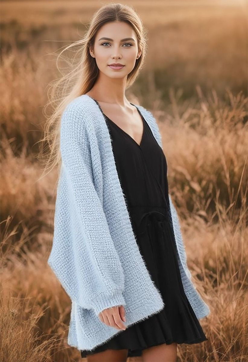 Fuzzy Open Front Waffle Knit Cardigan in Blue | Chicwish