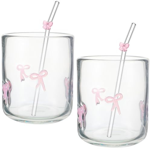 Skylety 2 Set Pink Bow Icon Juice Glass with Pink Bow Glass Straws Aesthetic Cup 14 Ounce Double Old Fashioned Icon Handblown Cocktail Cup for Women Sister Friend Part, Not Suitable for Hot Water | Amazon (US)