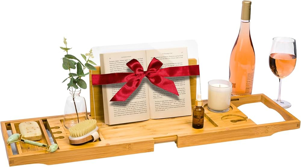 HOME Waterproof Shield Keeps Your Book Open – Extendable Bamboo Bathtub Tray with Wine Glass Ho... | Amazon (US)