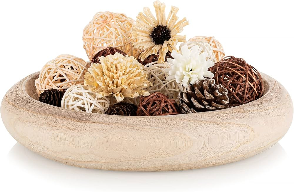 Hanobe Decorative Dough Wood Bowl: Round Paulownia Wooden Bowls for Decor Rustic Centerpiece Bowl... | Amazon (US)