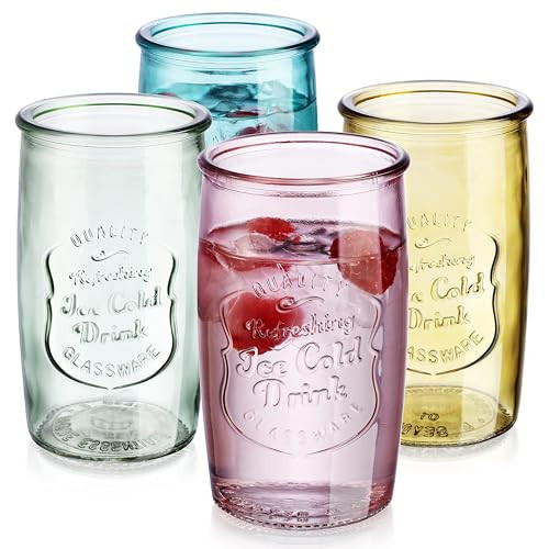 Glaver's Colored Glassware, Ice Cold Drinking Glasses Set of 4 – 18 Oz Vintage Glass Cups for Kitchen, Dining Table – Multi- Colors Glass Tumblers. Hand Wash. | Amazon (US)