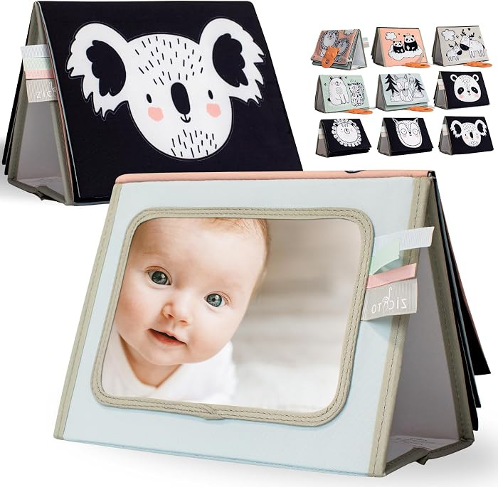 Soft Tummy Time Book w/ Large Stimulating Baby Safe Mirror - Fun High Contrast Montessori Toy w/ ... | Amazon (US)