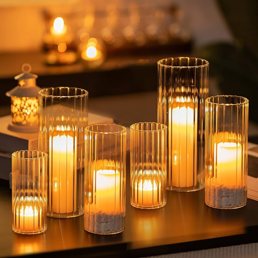 Glasseam Ribbed Glass Candle Holder, Cylinder Candle Holders for Pillar Candles, Clear Hurricane ... | Amazon (US)