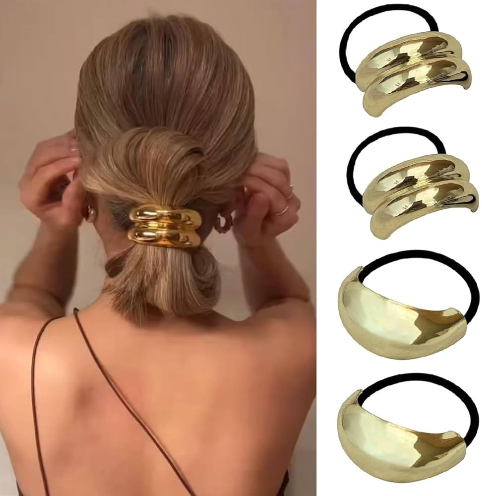 4PCS Gold Hair Ties,Metal Geometric Elastic Hair Ties,Ponytail Hairs Cuff,Stretchy and Non-Damage... | Amazon (US)
