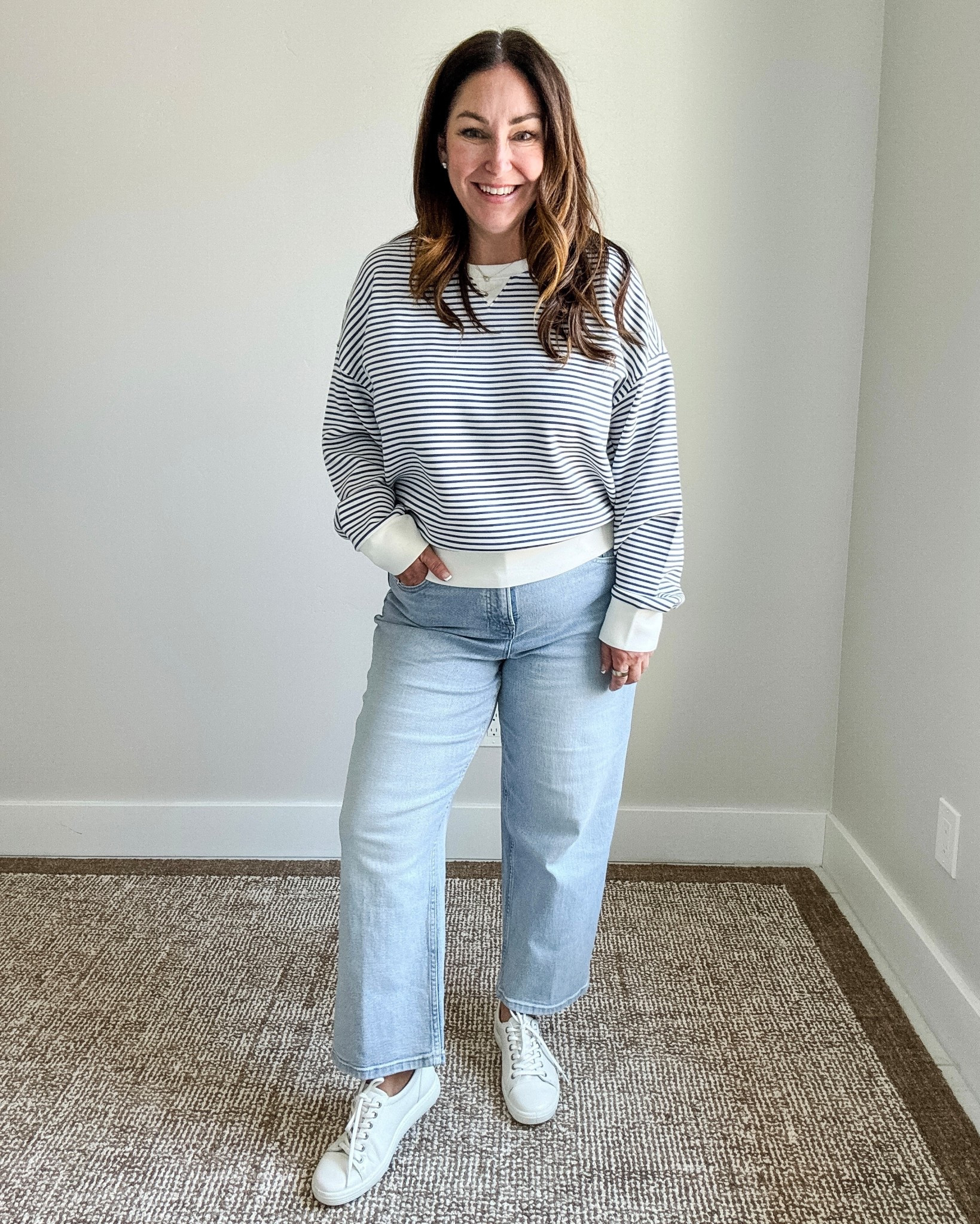 Fall casual outfit with 90s straight leg jean  from Spanx now with functional button and zipper. wearing XL petite in jeans, large in top 

#LTKMidsize #LTKautumn #LTKSeasonal