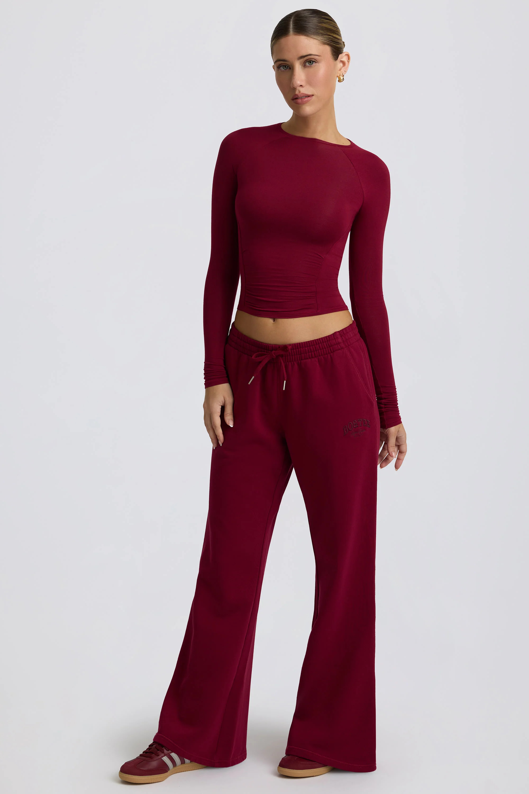 Low-Rise Wide-Leg Joggers in Burgundy | Oh Polly
