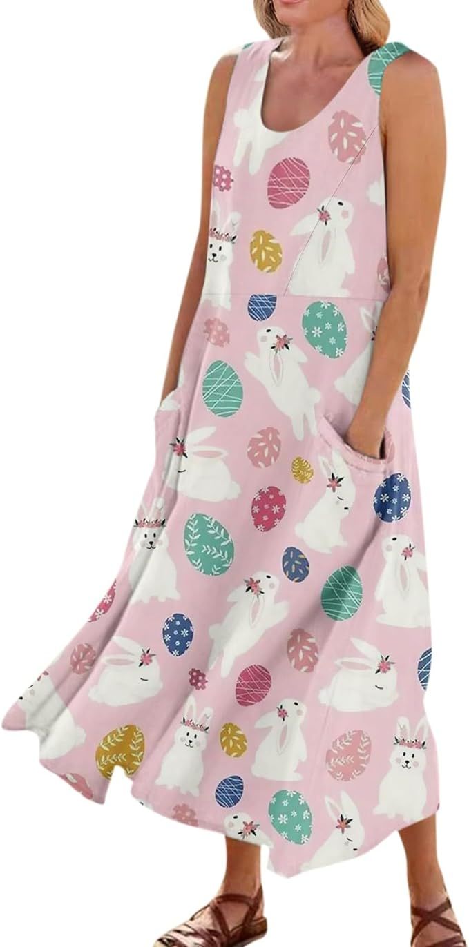 ZIXZMD Easter Day Summer Dresses for Women 2024 Casual Geometric Print Boho Sundress Crew Neck Sh... | Amazon (US)