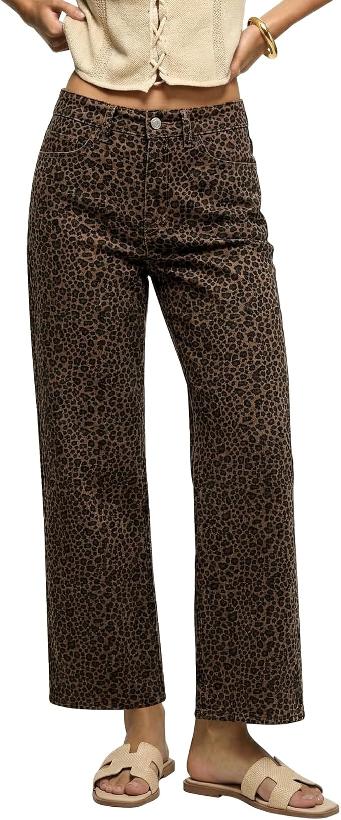 Wide Leg Jeans Woman Trendy High Waisted Leopard Cheetah Print Ankle Length Stretchy Denim Pants ... | Amazon (US)