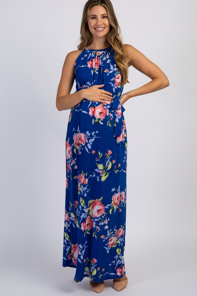 Royal Blue Floral Halter Neckline Maternity Maxi Dress | PinkBlush Maternity