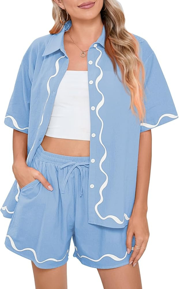 Fixmatti Women Two Piece Summer Sets Short Sleeve Button Down Shirts | Amazon (US)