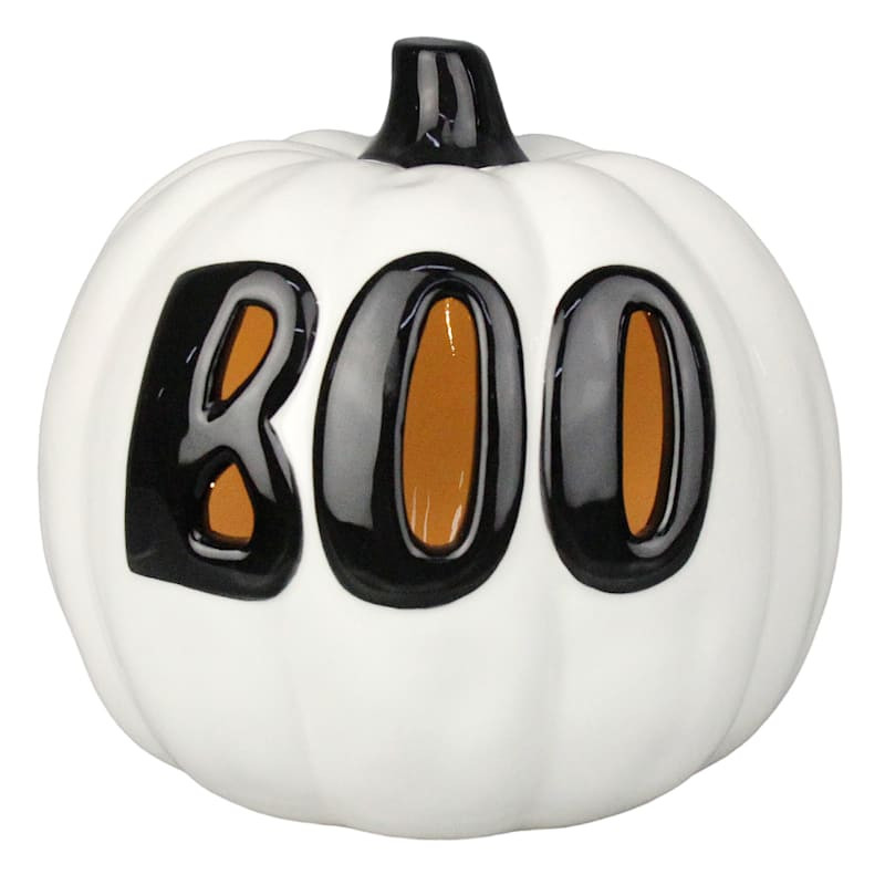 Tricky Treats White LED Boo Ceramic Pumpkin, 7.1" | At Home