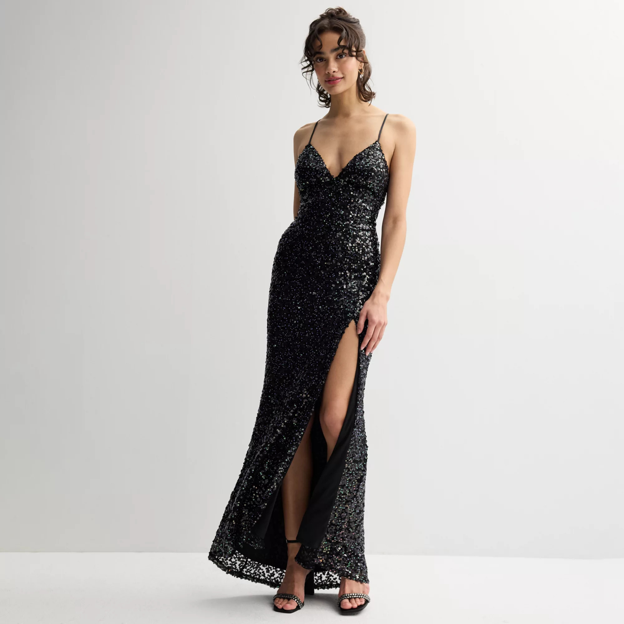 Juniors' Jump Apparel Iridescent V-Neck Sequin Lace Up Back Gown With Side Slit | Kohl's