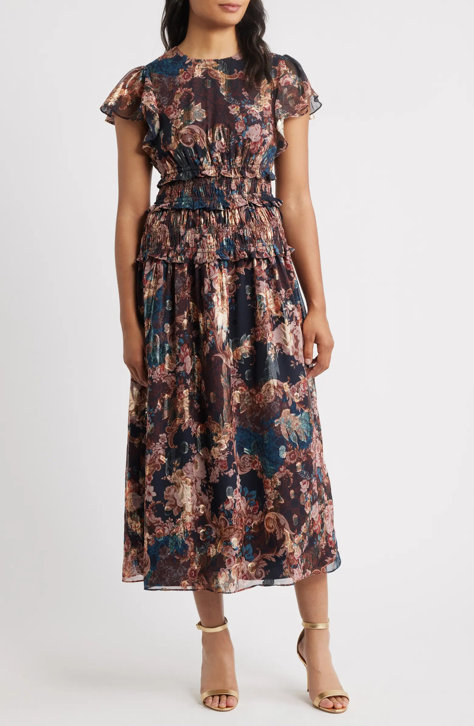 Metallic Floral Flutter Sleeve Midi Dress | Nordstrom