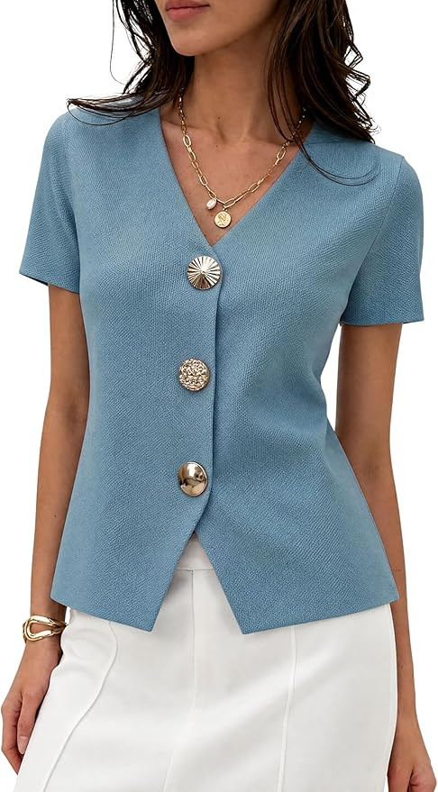 Women’s Short Sleeve Cardigan Sweaters Trendy V Neck Snap Gold Buttons Structured Cropped Cardi... | Amazon (US)