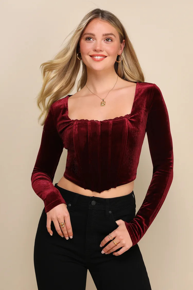 Flirtatious Attention Burgundy Red Velvet Top Red Crop Top Red Holiday Top Winter Holiday Tops 2024 | Lulus (US)