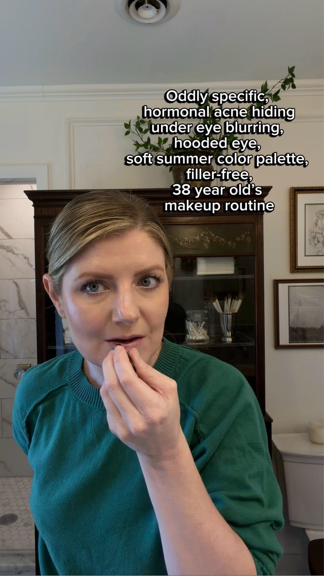 Oddly specific hormonal acne hiding, under eye circle blurring, hooded eye, soft summer color palette, filler-free, mature skin makeup routine  