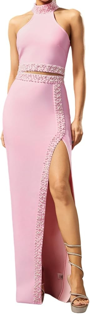 BELLA BARNETT Black Sleeveless Halter High Neck Two Piece Skirt Set for Women Maxi Pearl Beads Hi... | Amazon (US)