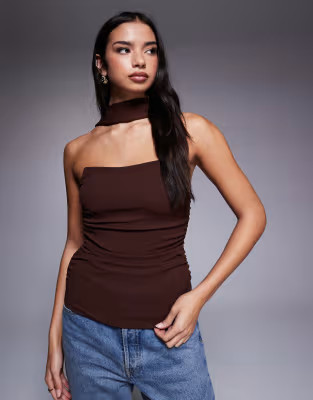 ASOS DESIGN longline structured bandeau top with scarf neck detail in chocolate | ASOS (Global)