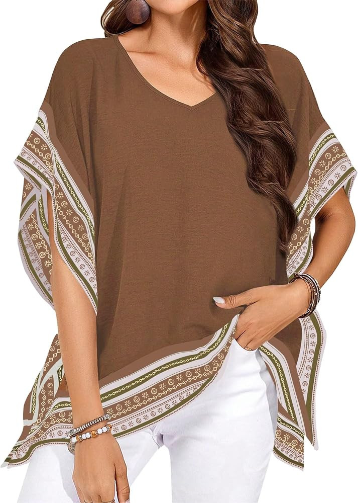 Falechay Womens Tops Batwing Short Sleeve V Neck Floral Flowy Boho Shirts | Amazon (US)