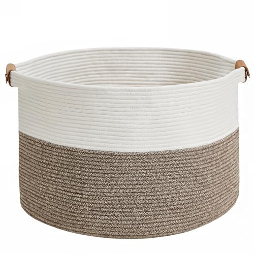 VECELO Woven Storage Basket, 22" X 22" X 14" Inch Rope Basket for Organizing, Washable Woven Laundry Basket for Blankets for Toys Storage, Living Room, Bedroom, Nursery, Pillows, White & Brown | Amazon (US)