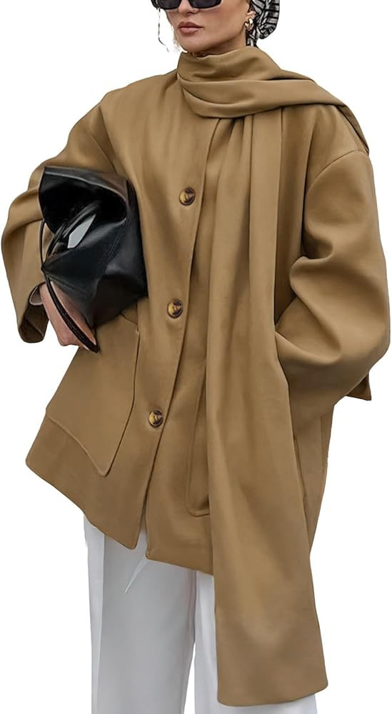 chouyatou Women's Casual Single Breasted Wool Coat with Scarf Office Work Wool Blend Trench Pea C... | Amazon (US)