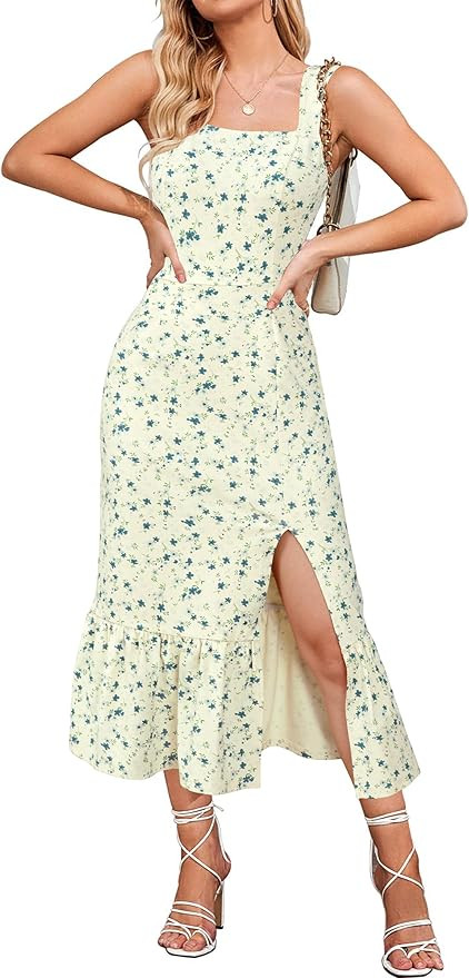Newshows Womens 2025 Summer Beach Floral Midi Dress Spring Vacation Outfits Square Neck Ruffle Sp... | Amazon (US)